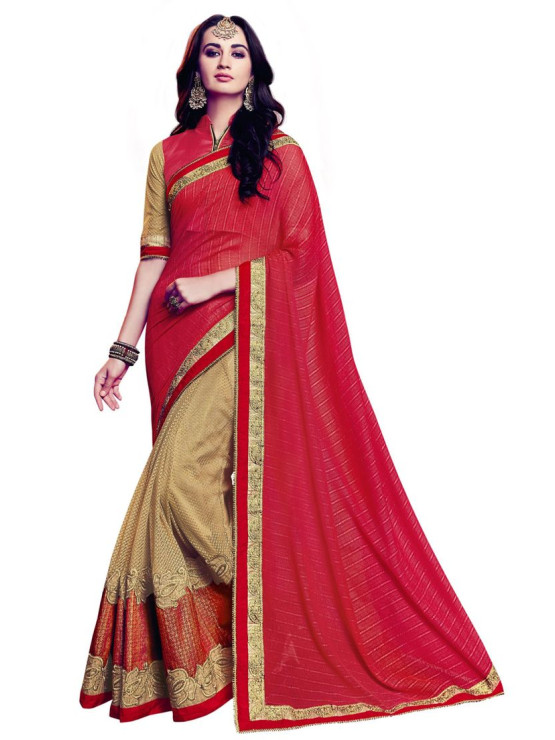 Designer Red & Gold Saree with elegant embroidery work (Immediate Dispatch!)