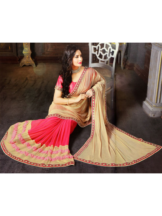 Premium Designer Hot Pink & Gold Saree with 3D flower pleats