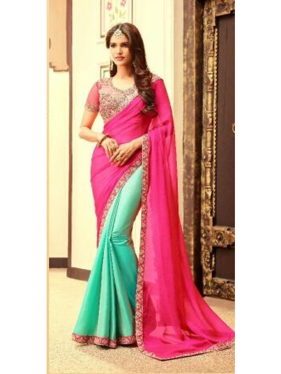 Designer Hot Pink and Green Saree with designer blouse (Immediate Dispatch!)