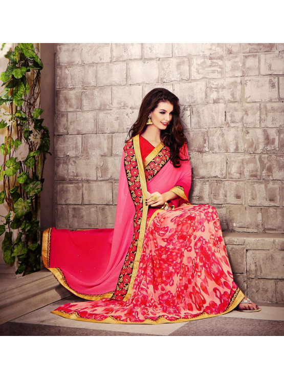 Designer Pink Shaded Saree with Floral Pleats