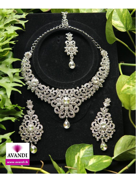 Elegant Full Necklace Set with White stones on Silver