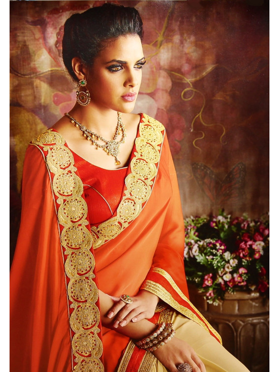 Designer Deep Orange & Gold Embroidered Saree (Immediate Dispatch!)