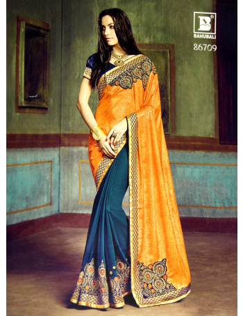 Designer Orange & Blue Saree with elegant embroidery (Immediate Dispatch!)