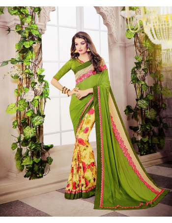 Designer Green Fall with Floral Pleats