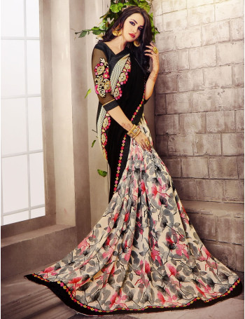 Designer Black Saree with Pretty Printed Pleats