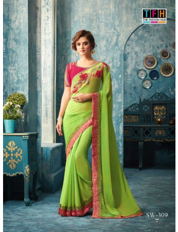Designer Light Green Saree with red border (Immediate Shipping!)