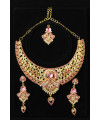 Gold colour Jewellery Set with Pink & White Stones